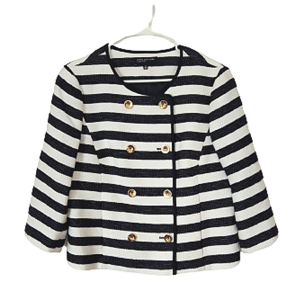 Jones New York Signature Navy White Stripe Double Breasted Cropped Blazer 12